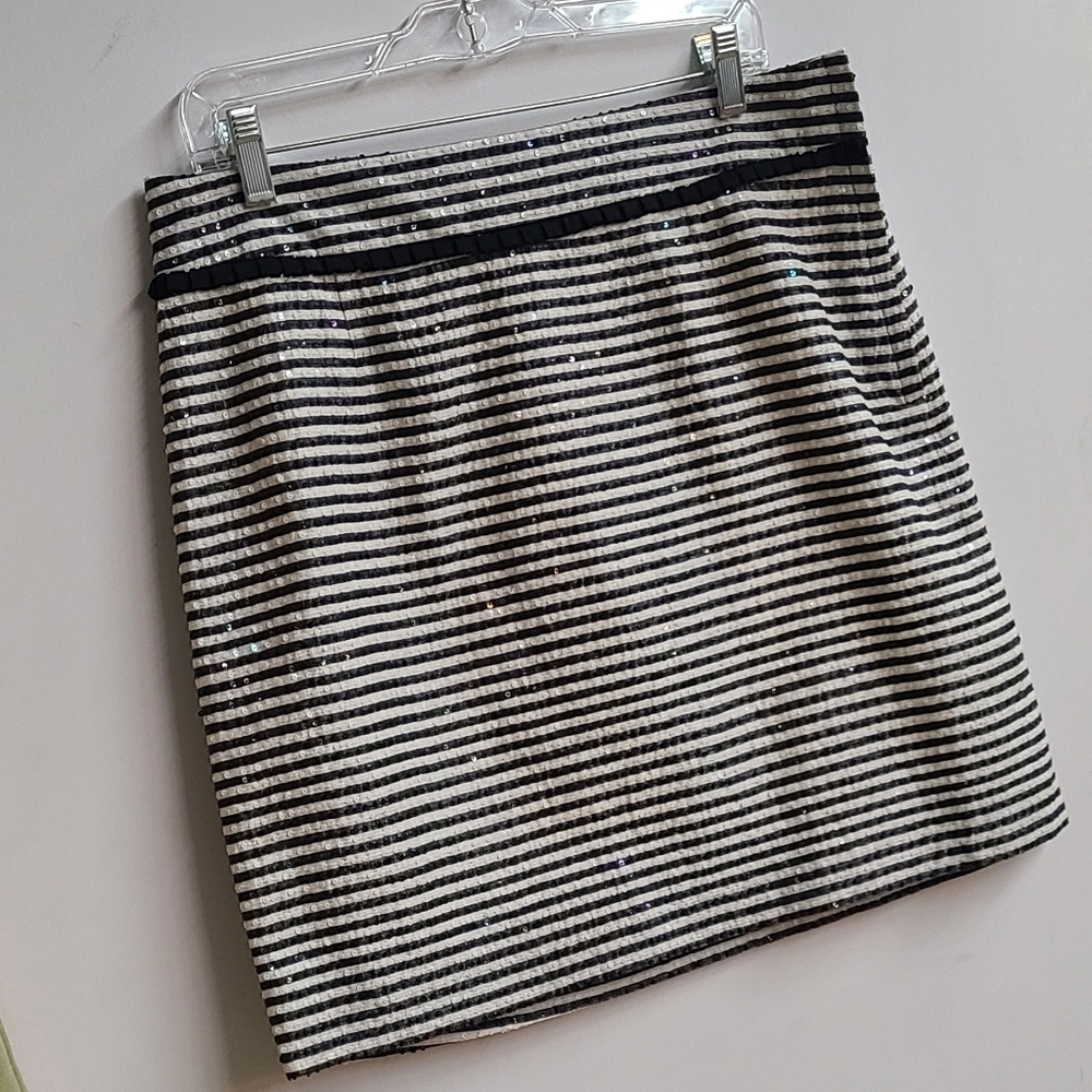 Kate Spade ♠️ Sequin Applique Black and White Striped Silk Skirt Size 10